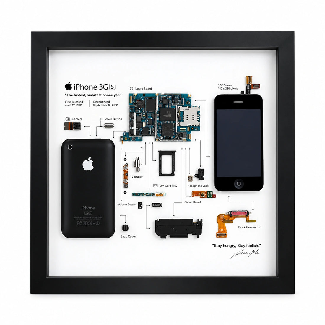iPhone 3GS teardown frame with original phone components displayed on a white background