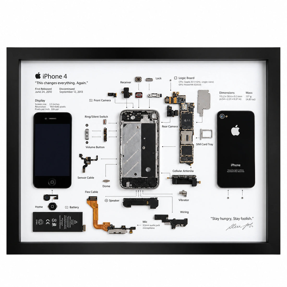 iPhone 4 teardown frame with original phone parts arranged on a white background